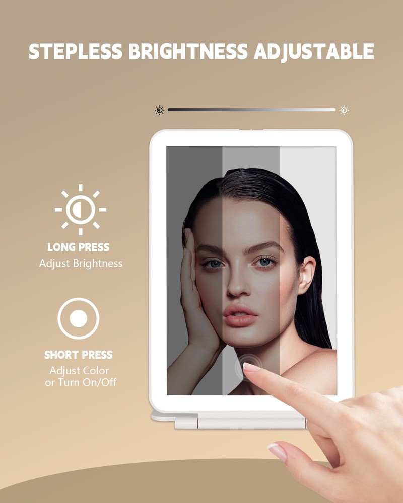 Rechargeable LED Makeup Mirror with Touch Screen, 3 Light Colors, Compact Size