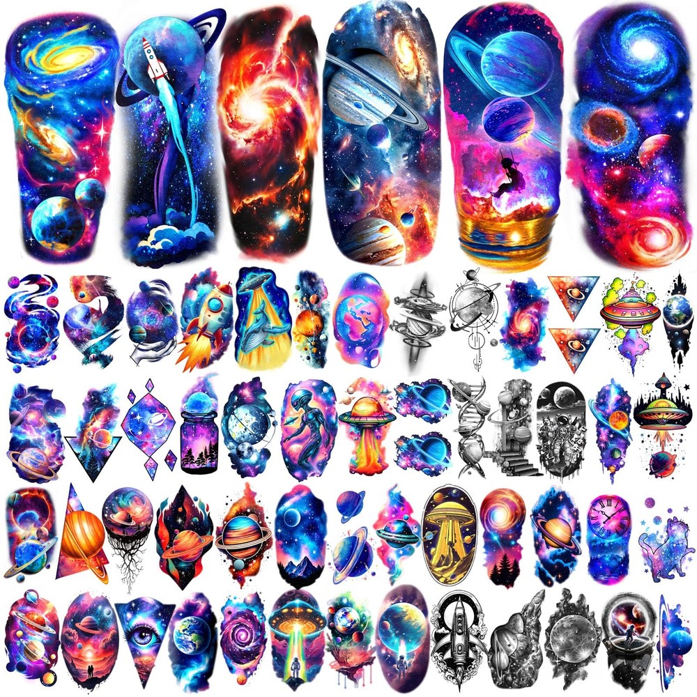 77 Sheets Temporary Tattoo, 17 Sheet Space Planet Medium, Tiny, Colorful