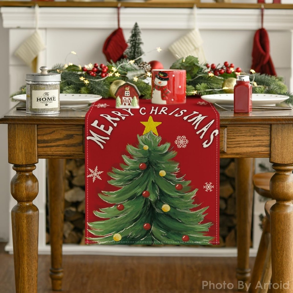Artoid Mode Red Xmas Pine Snowflake Merry 13 x 72, Table Runner,
