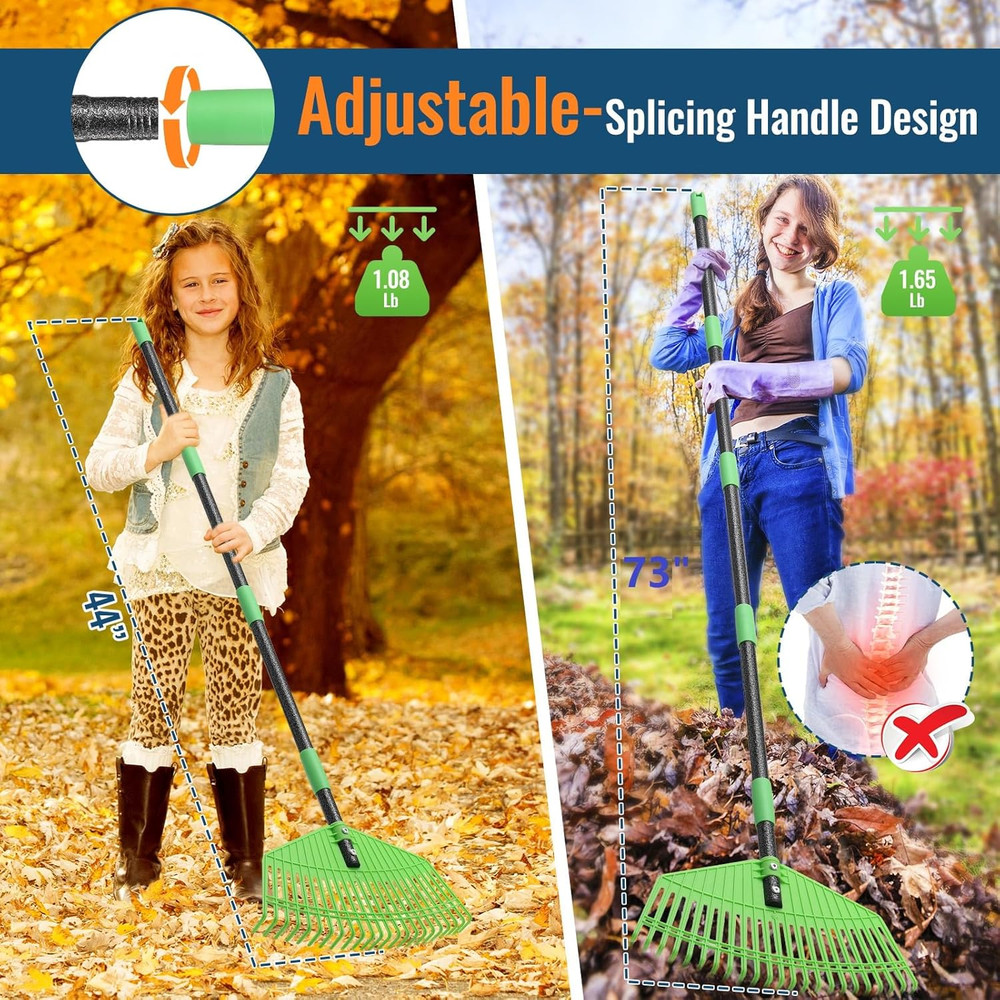 Plastic Leaf Rake with Adjustable 73'' Handle-Lightweight&Anti-Break Nylon Head,