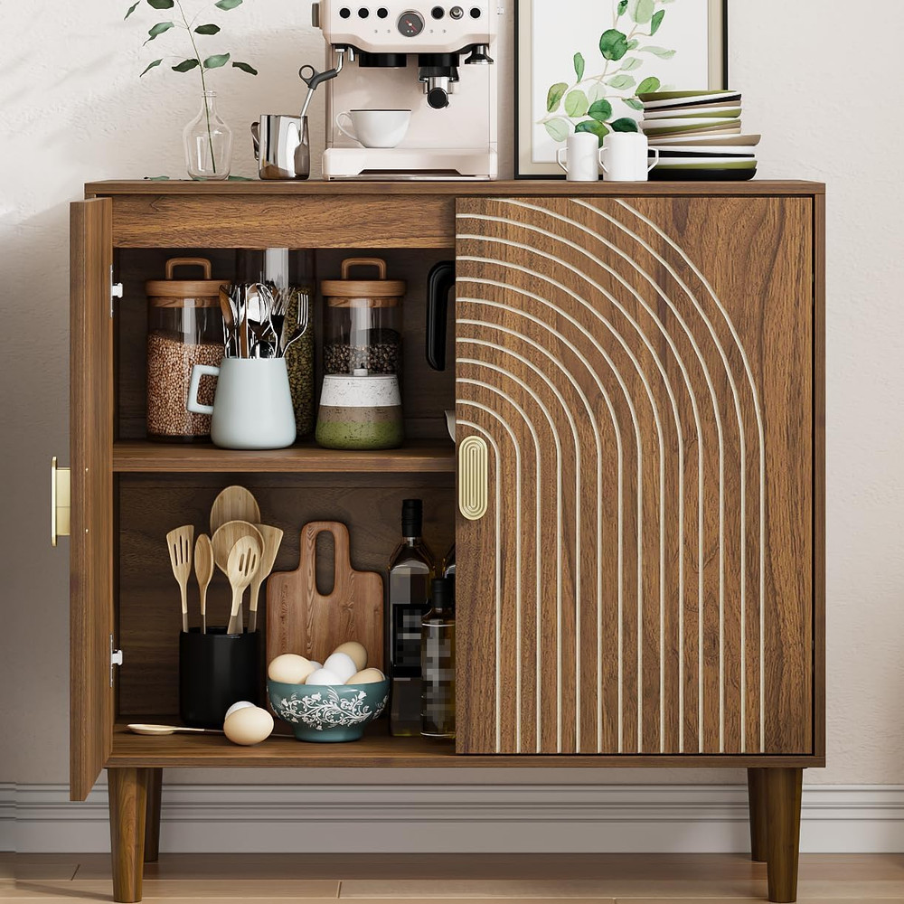 Stylish Walnut Sideboard Buffet Cabinet with Adjustable Shelf and Storage