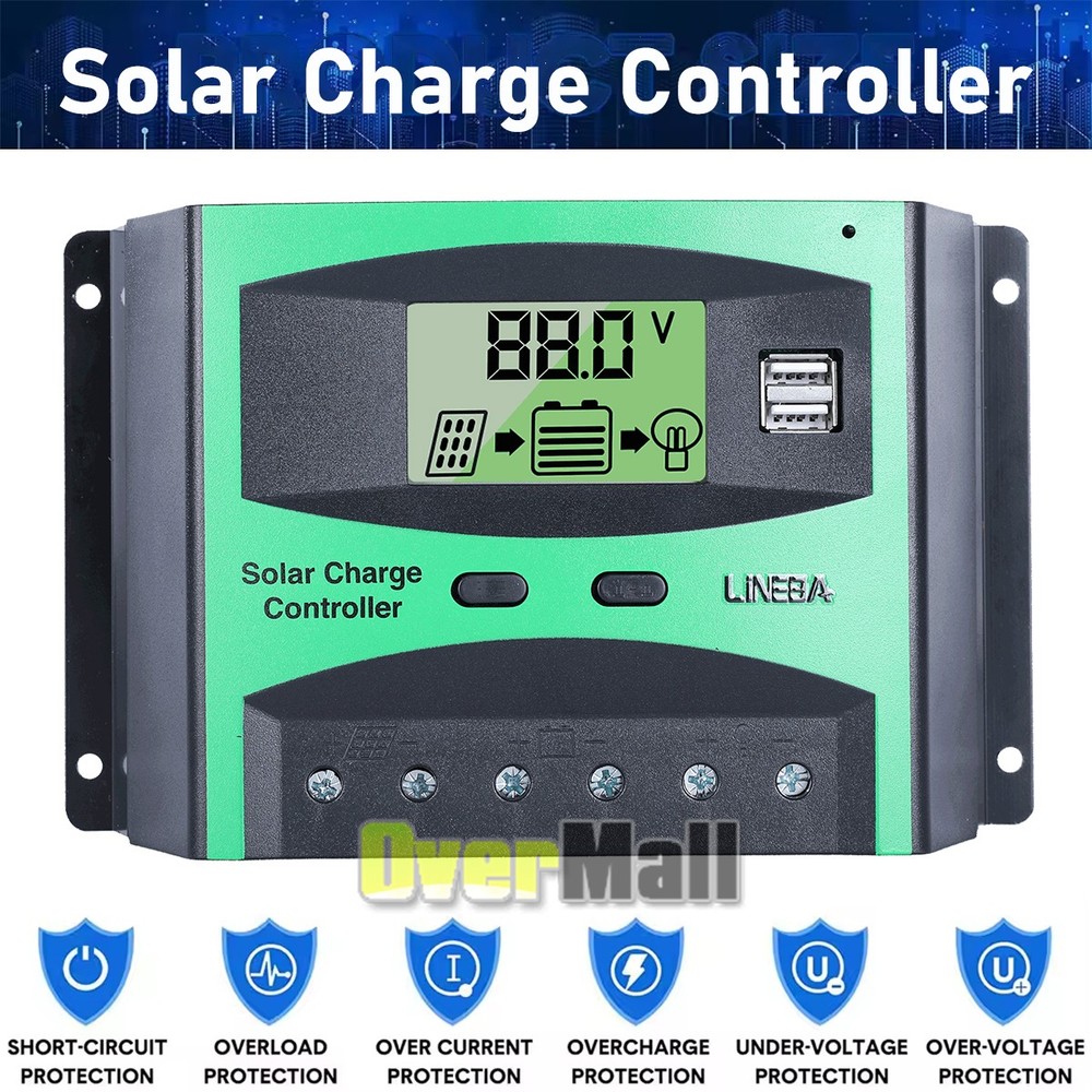 100A Solar Panel Battery Charge Controller 12/24/48V LCD Regulator Auto Dual USB