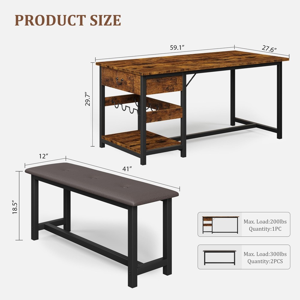 Dining Table Set for 4 Kitchen Table with 2 Benches, Storage Drawers ,Wine Rack