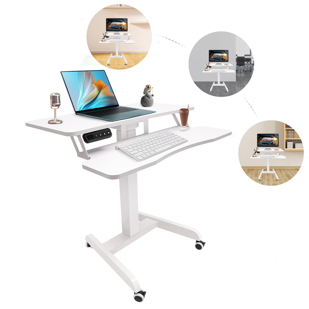 White Computer Desk Height Adjustable Rolling Electric Podium Desk For Office