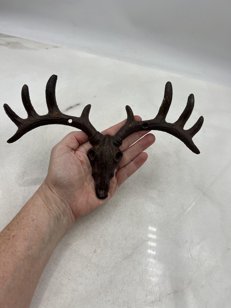 Cast Iron Deer Antler Skull Wall Hook Hanger Rustic Cabin Lodge Decor Coat Hook