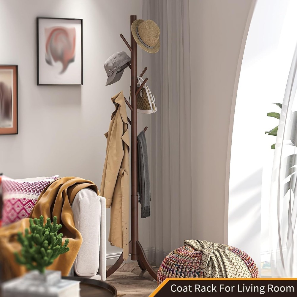 Elegant Bamboo Coat Rack with 8 Hooks - Adjustable Height & Space-Saving Design