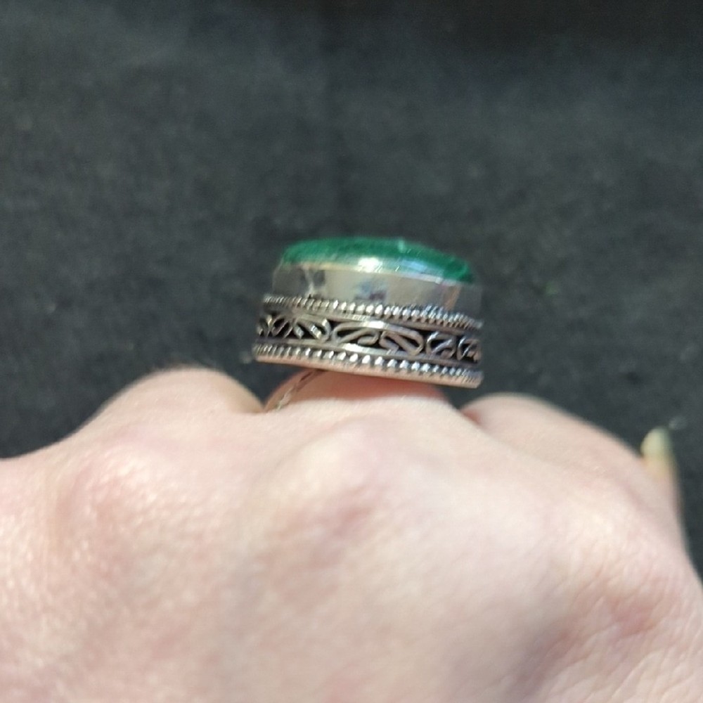 Silver Plated Green Malachite Gemstone Oval Chunky Oversized Statement Ring 7-9