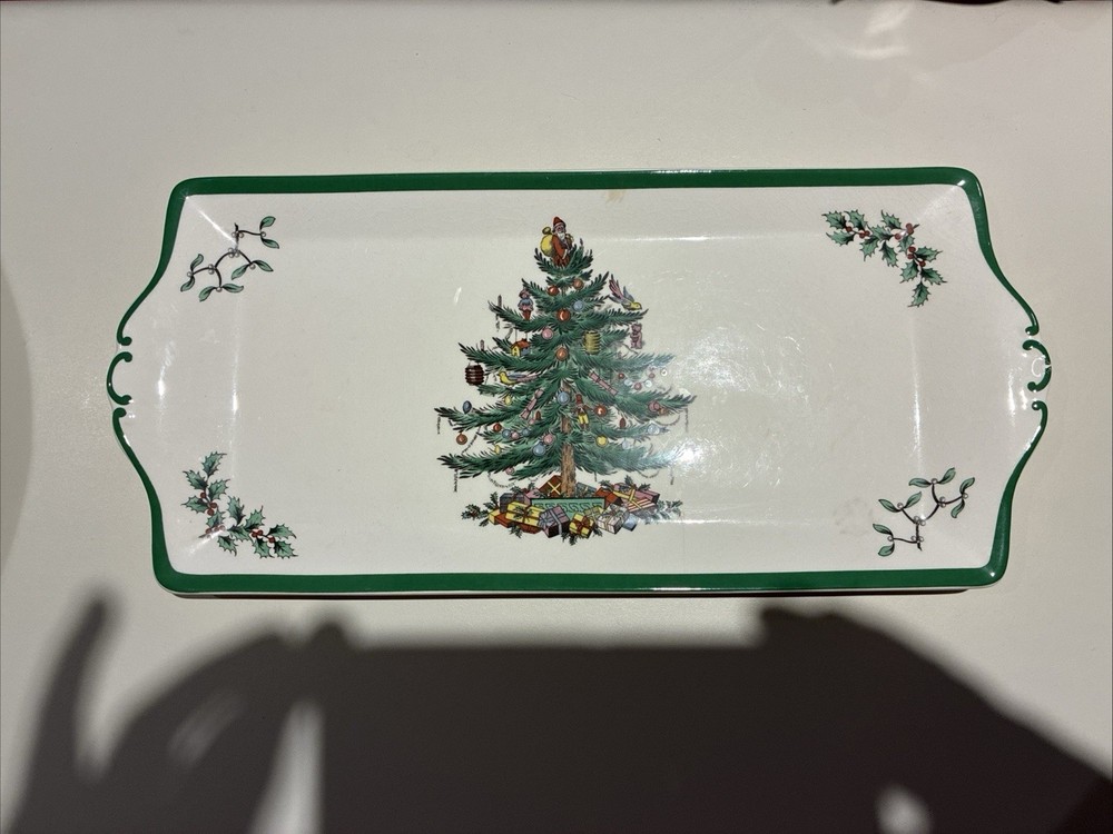 Spode Christmas Tree Rectangle Ceramic Platter White Green Multicolor Holiday
