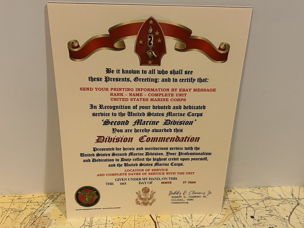 U.S.M.C. / 2ND MARINE DIVISION ~ DIVISION COMMENDATION REPLACEMENT CERTIFICATE
