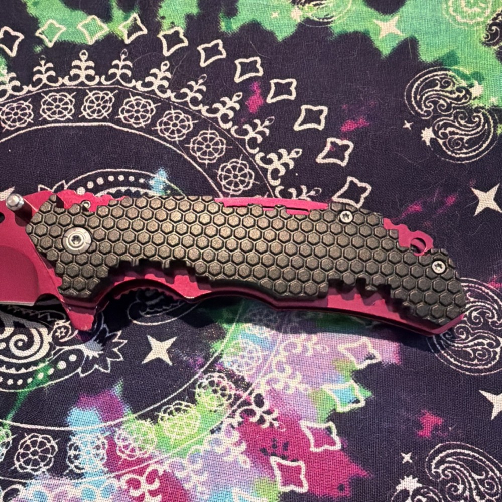 Custom Handmade Red Black Textured Handle Drop Point Folding Pocketknife