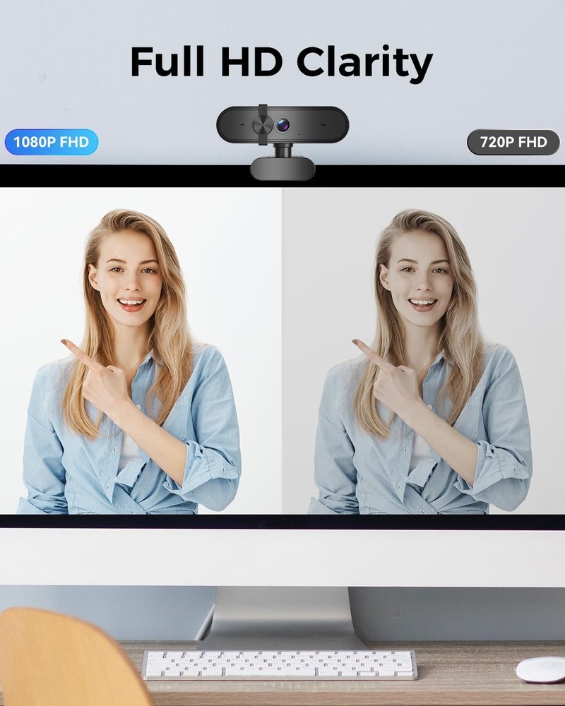 1080P Webcam Computer Camera with Microphone & Wide View - Auto Light Correction