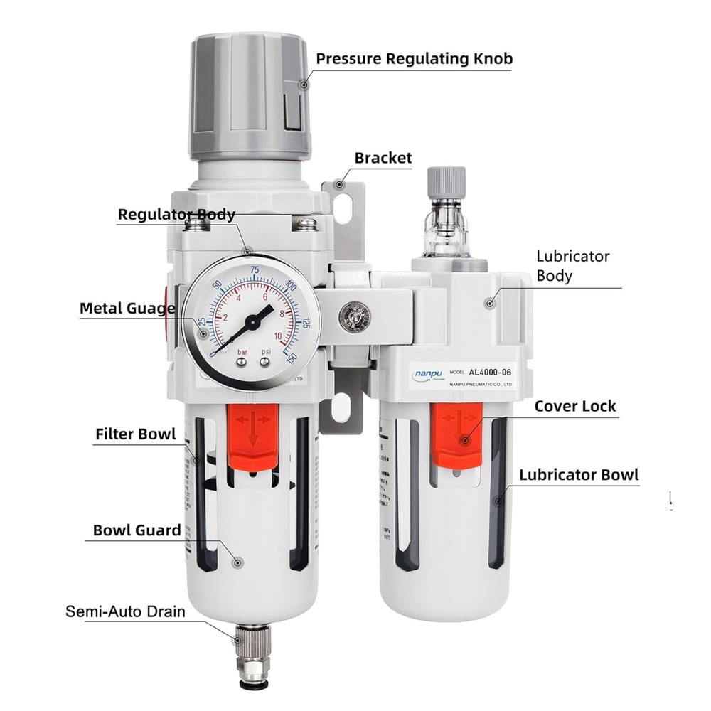 3/4" NPT Compressed Air Filter Regulator Lubricato