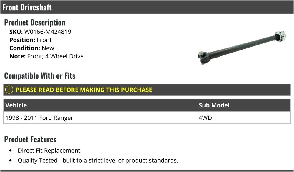 Front Driveshaft - Compatible with 1998-2011 Ford Ranger 4WD
