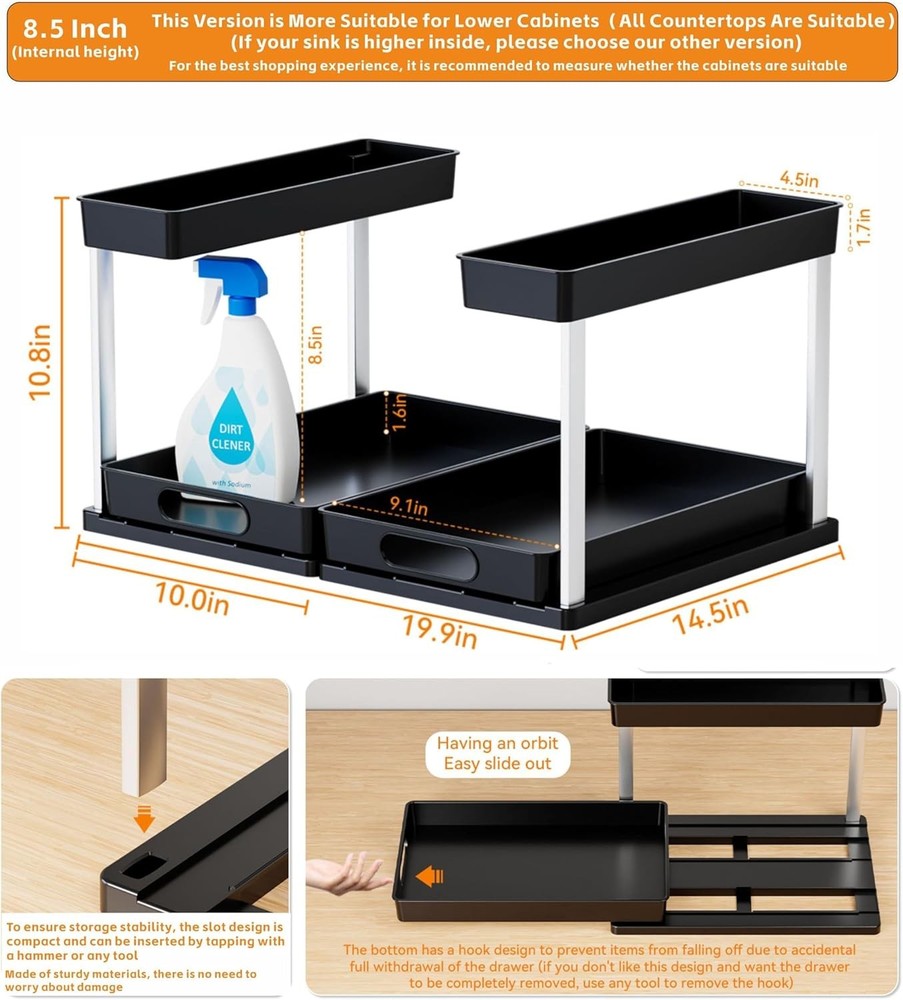 2 Pack 10.8″ High Pull Out Under Sink Organizer,14.5″ Deep 2 Tier Slide Out