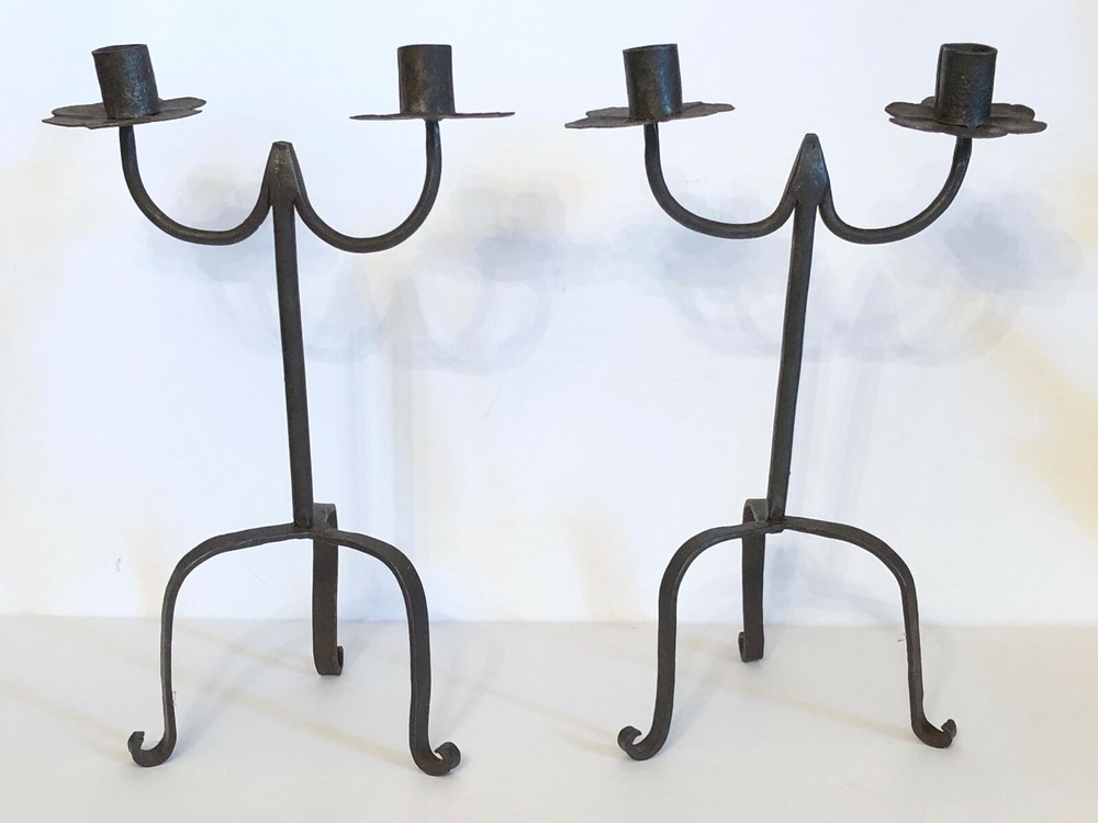 ANTIQUE EARLY WROUGHT IRON CANDLE HOLDERS.