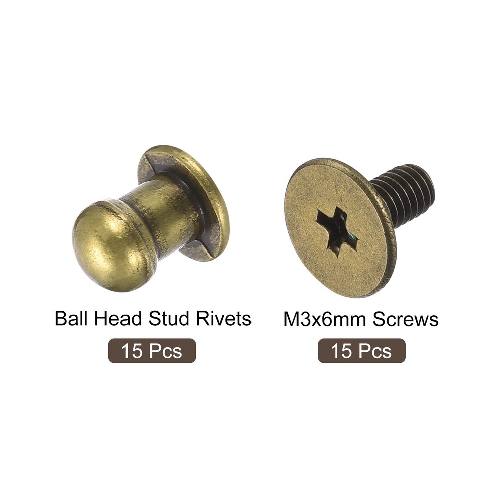 5mm Ball Head Stud Rivets Screw Back, 15Pack Round Head Button, Bronze Tone