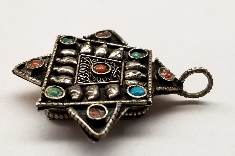 Vtg Middle Eastern Silver Locket Pendant Handcrafted Box Locket Multi Gemston