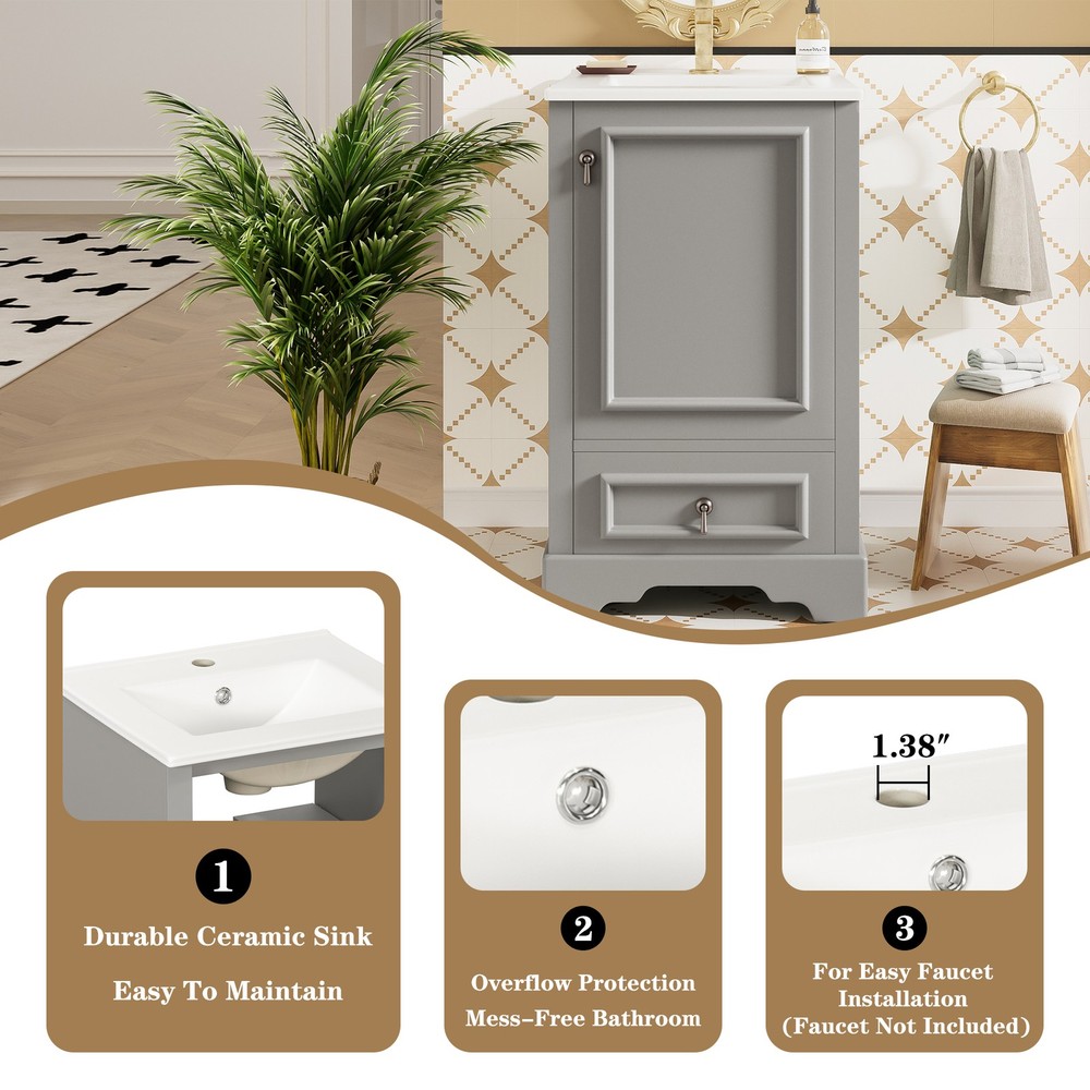 20 Inch Bathroom Vanity with Ceramic Sink, Soft Close Door, Adjustable U-Shape