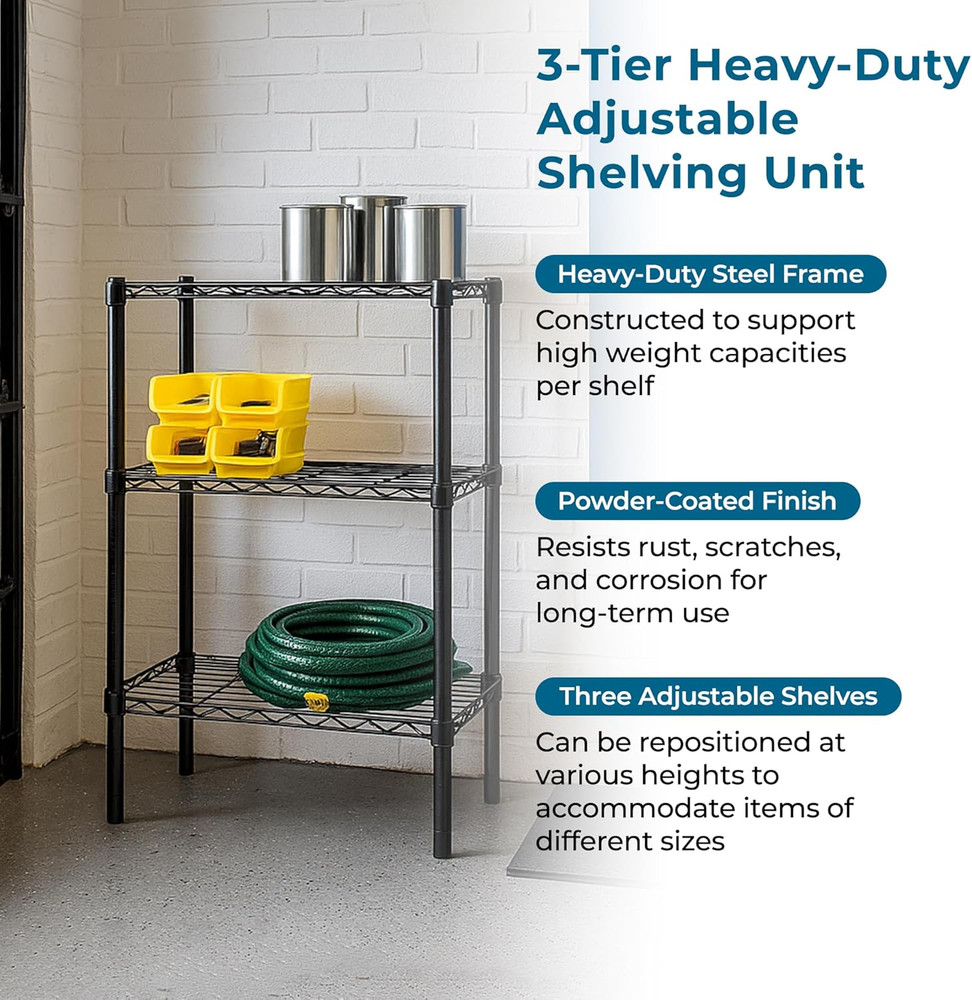 3-Tier Heavy Duty Adjustable Shelving Unit, Black
