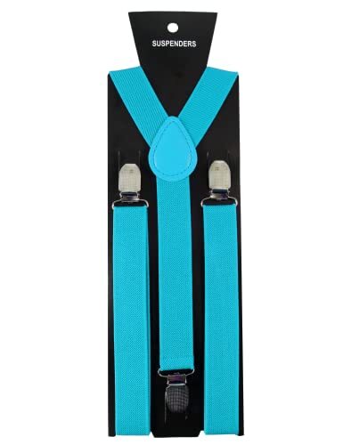 Solid Color Mens Suspender with 3 Strong Clips Adjustable Braces Turquoise