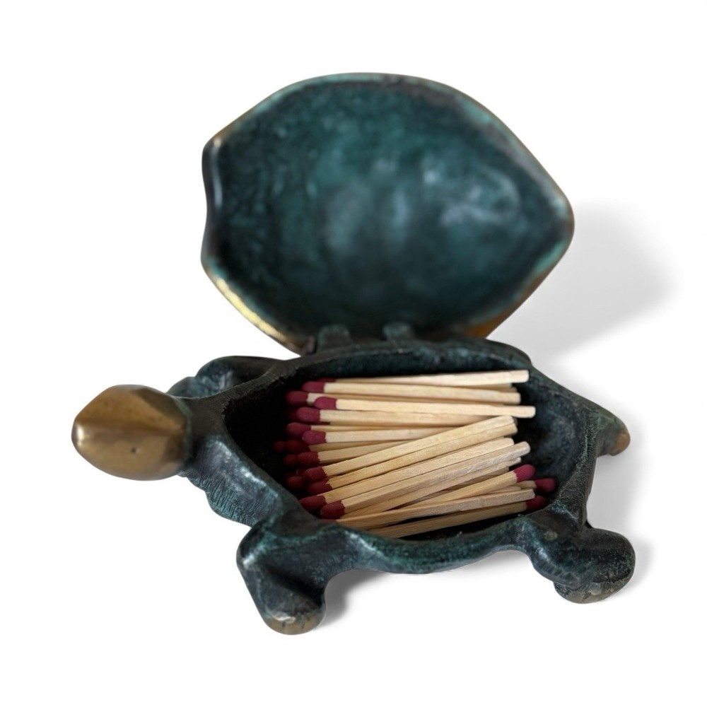 Antique Matchstick Holder Turtle Shell Verdigris Heavy Bronze