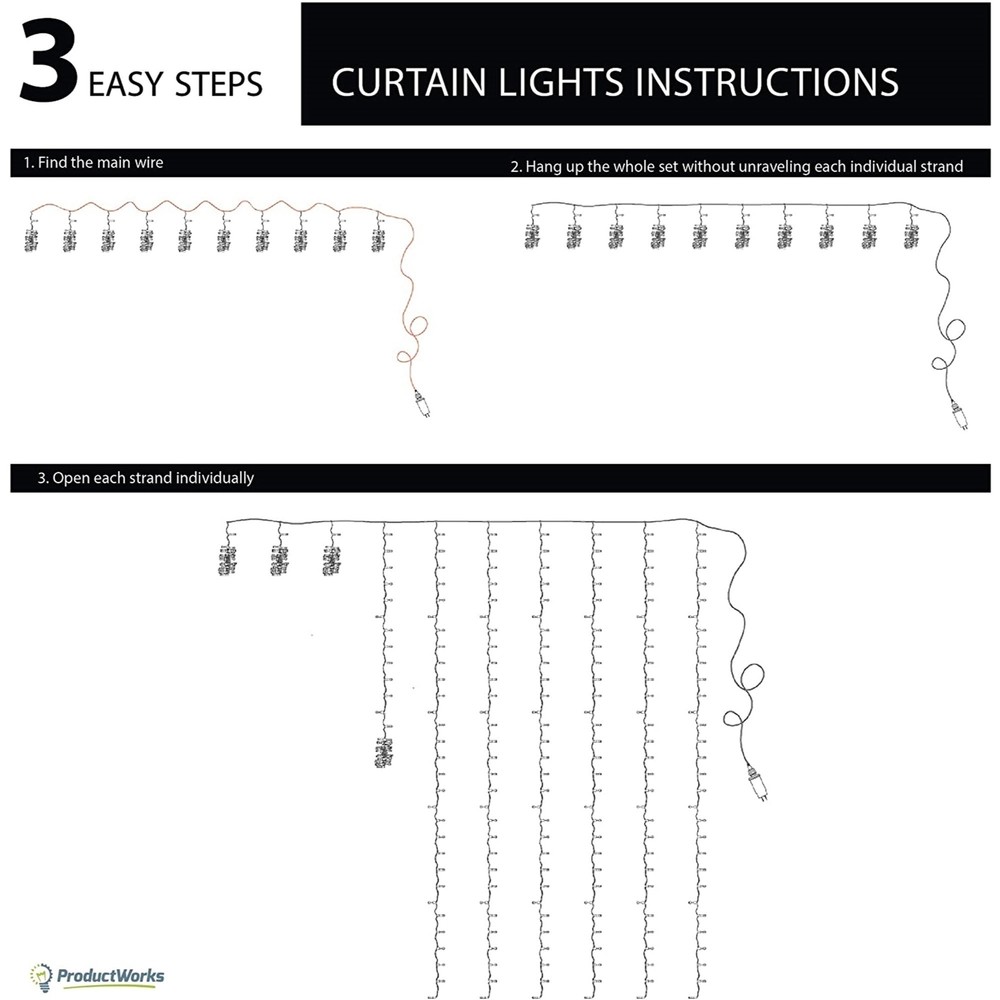 Product Works 8 Function, String Light Curtain, 600 Warm White Micro Bulbs, 20'