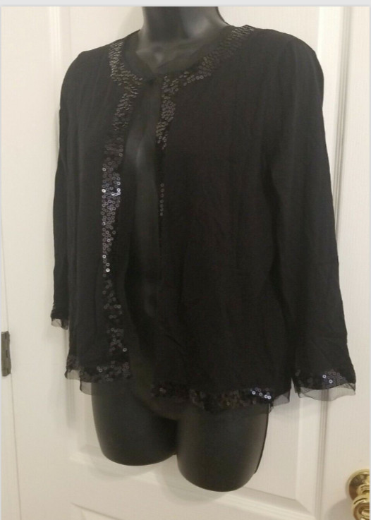 Evan-Picone Cardigan Petite Medium Black Open Front 3/4 Sleeve Sequin Cropped