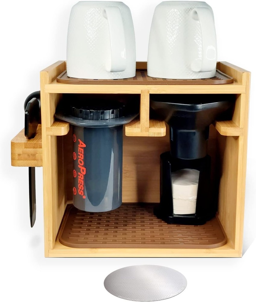 Qanuze Bamboo Organizer Stand for AeroPress Coffee Maker Caddy Station