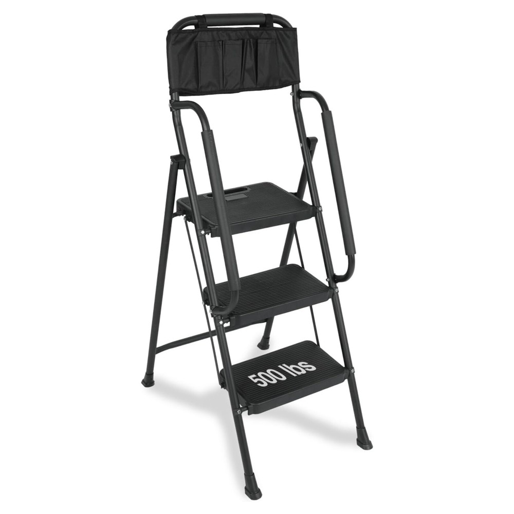 3 Step Ladder +Handrails & Attachable 500 lbs Tool Bag Folding Step Stool Ladder