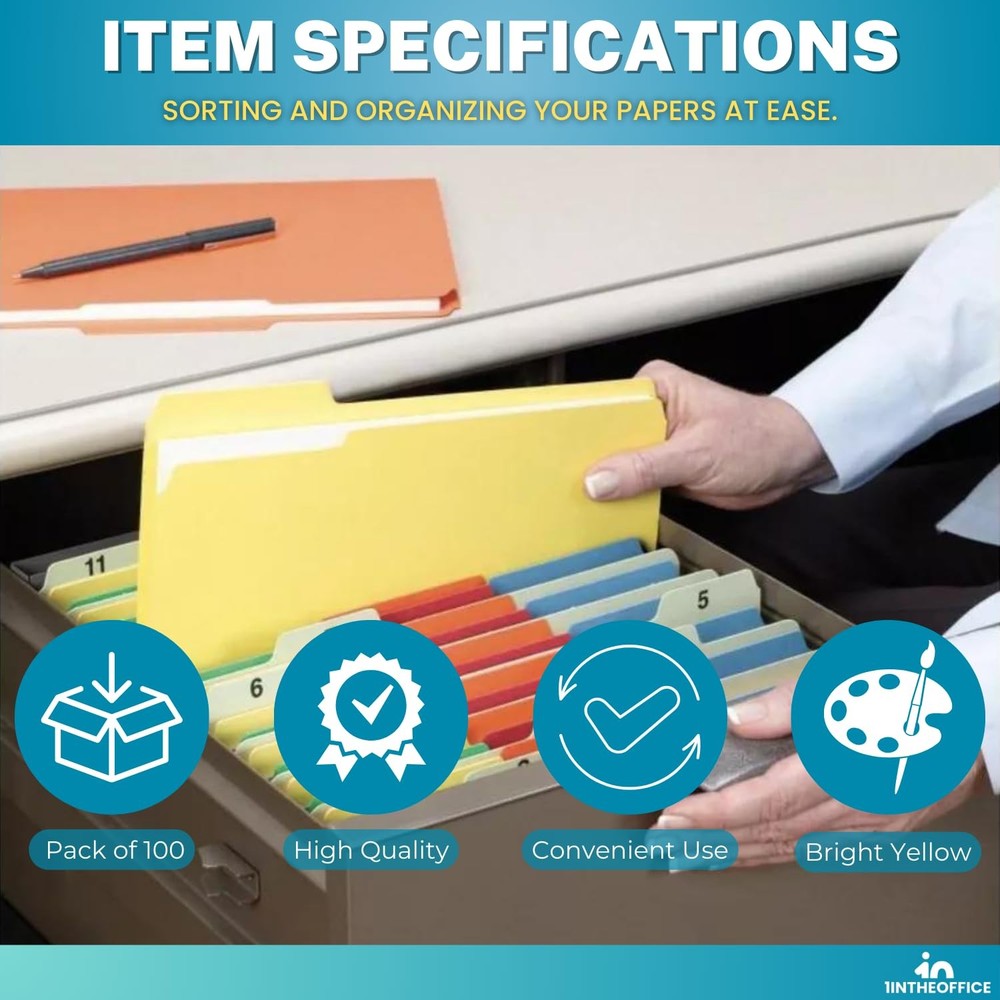 Yellow File Folder Letter Size, 1/3 Cut Assorted Tab, Reinforced File Folders...