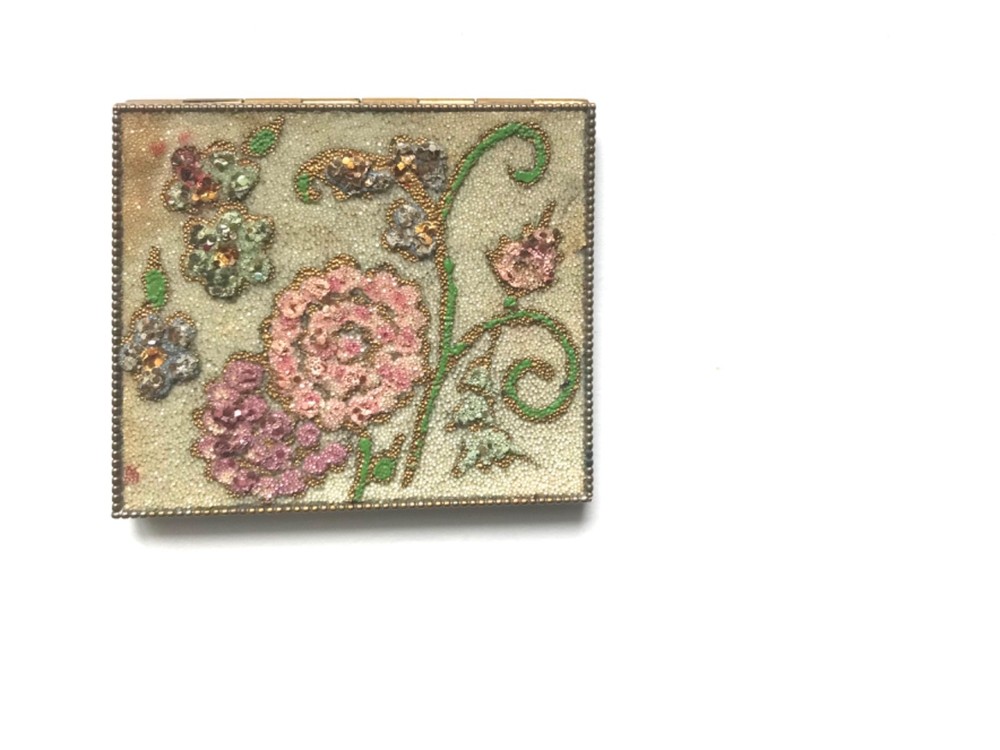 Vintage Mirror & Makeup Compact, Floral, Sequined Design.