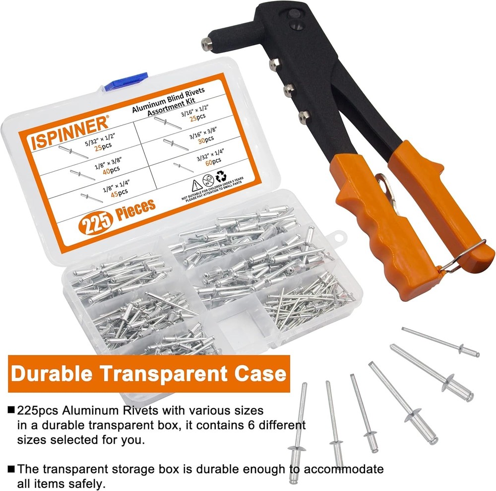 ISPINNER 225PCS Aluminum Blind Rivets Kit with Heavy Duty Hand Riveter 6 Sizes