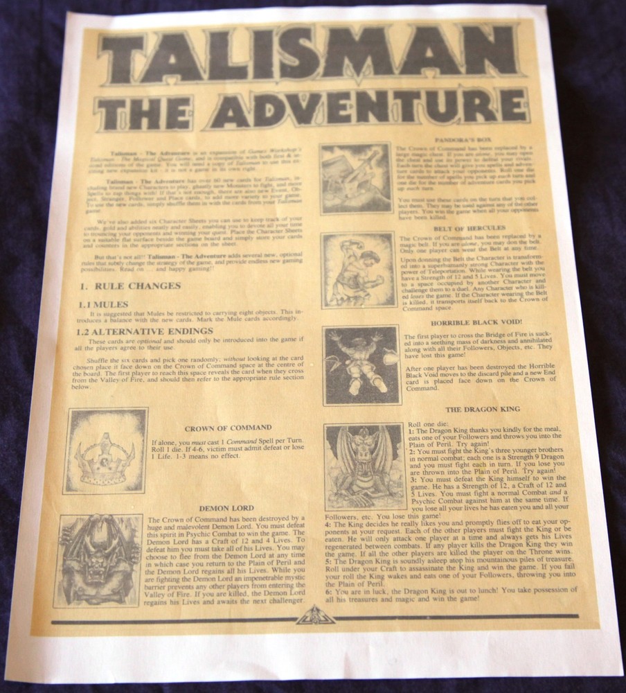 Talisman "The Adventure" Double Sided Rule Sheet 1986