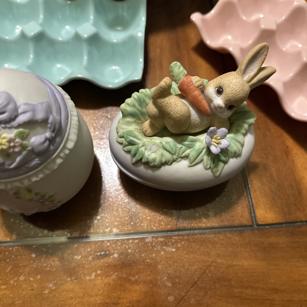 Easter White Basket with Blue Fabric Liner 10” & Decorations