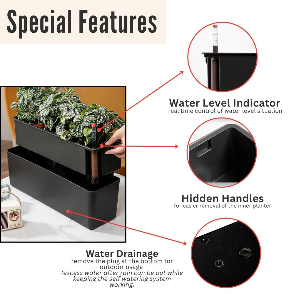 LaLaGreen Railing Planter Boxes (16 Inch, 2 Pack) Black Rectangular Plastic W...