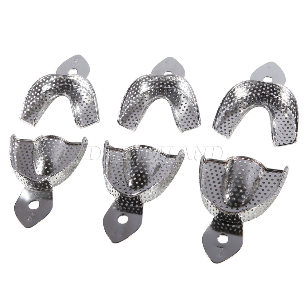 6 Metal Dental Impression Trays set Perforated Upper + Lower Denture Instruments