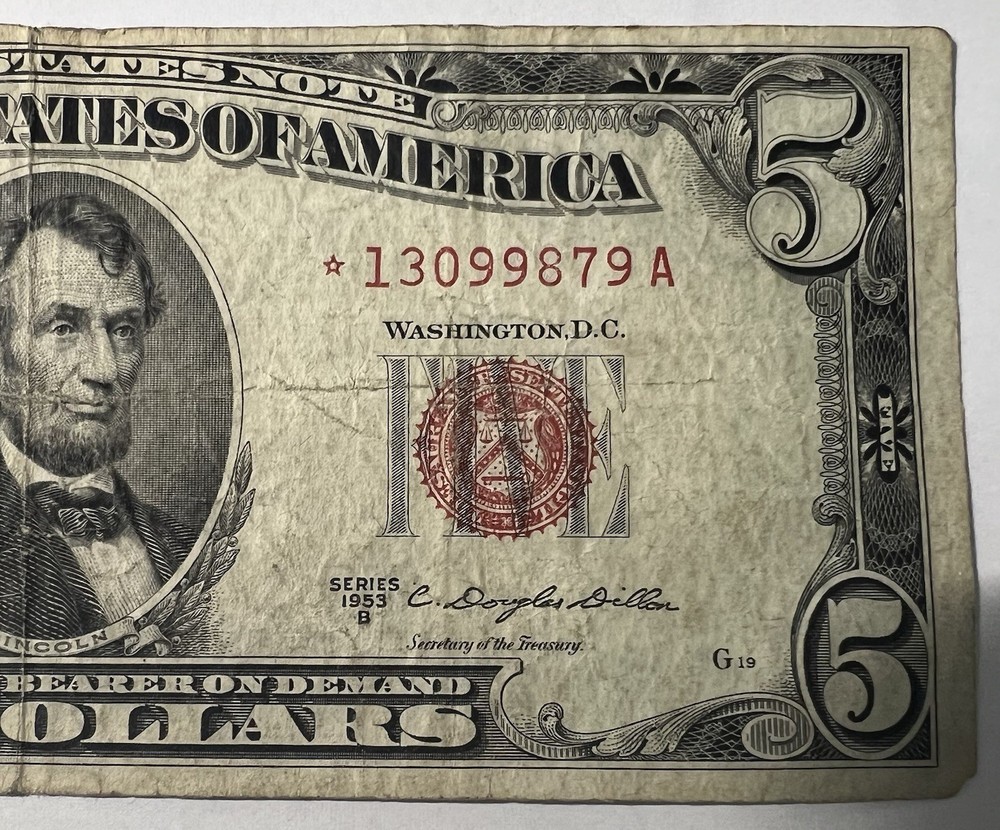 1953-B $ 5 Dollar U.S Red Seal * Star* Note ( Fine)