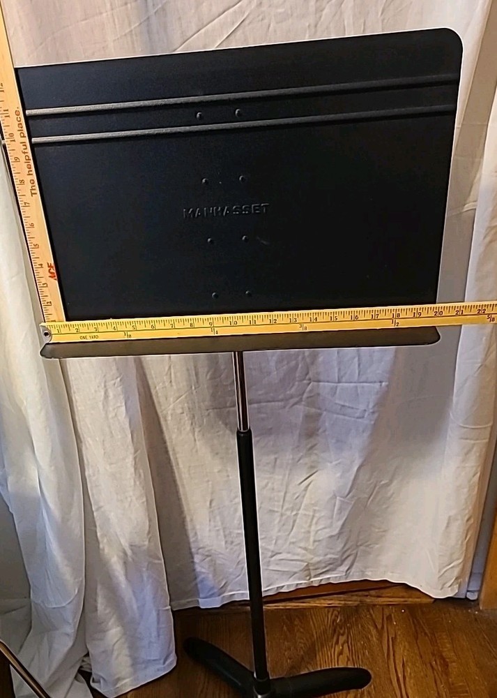 Manhasset music stand, plain solid black metal, tripodal base, detachable light