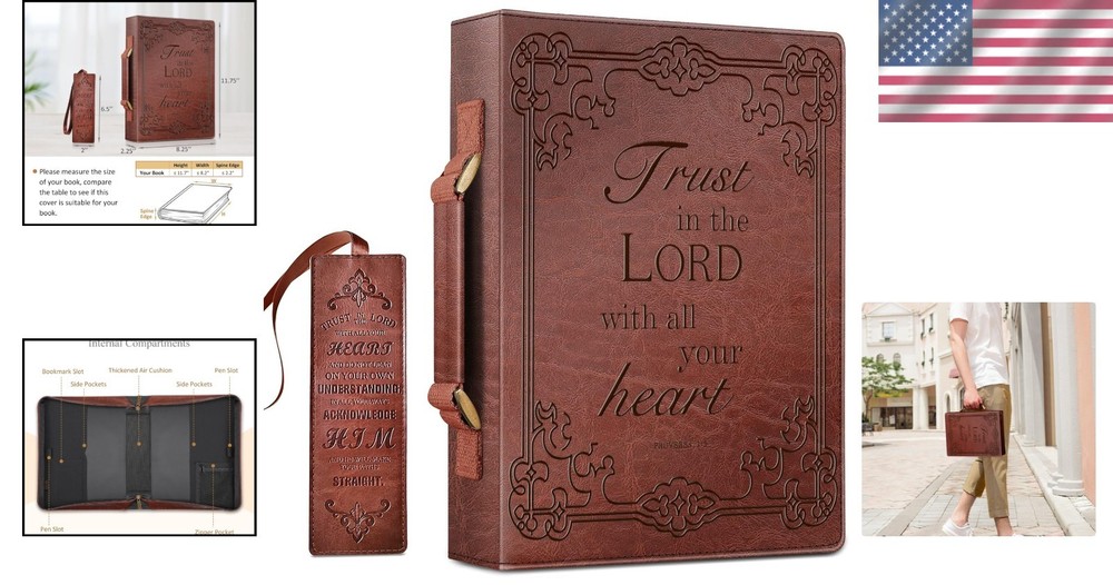 Classic Protective Bible Case with Handle and Bookmark - Brown Leather