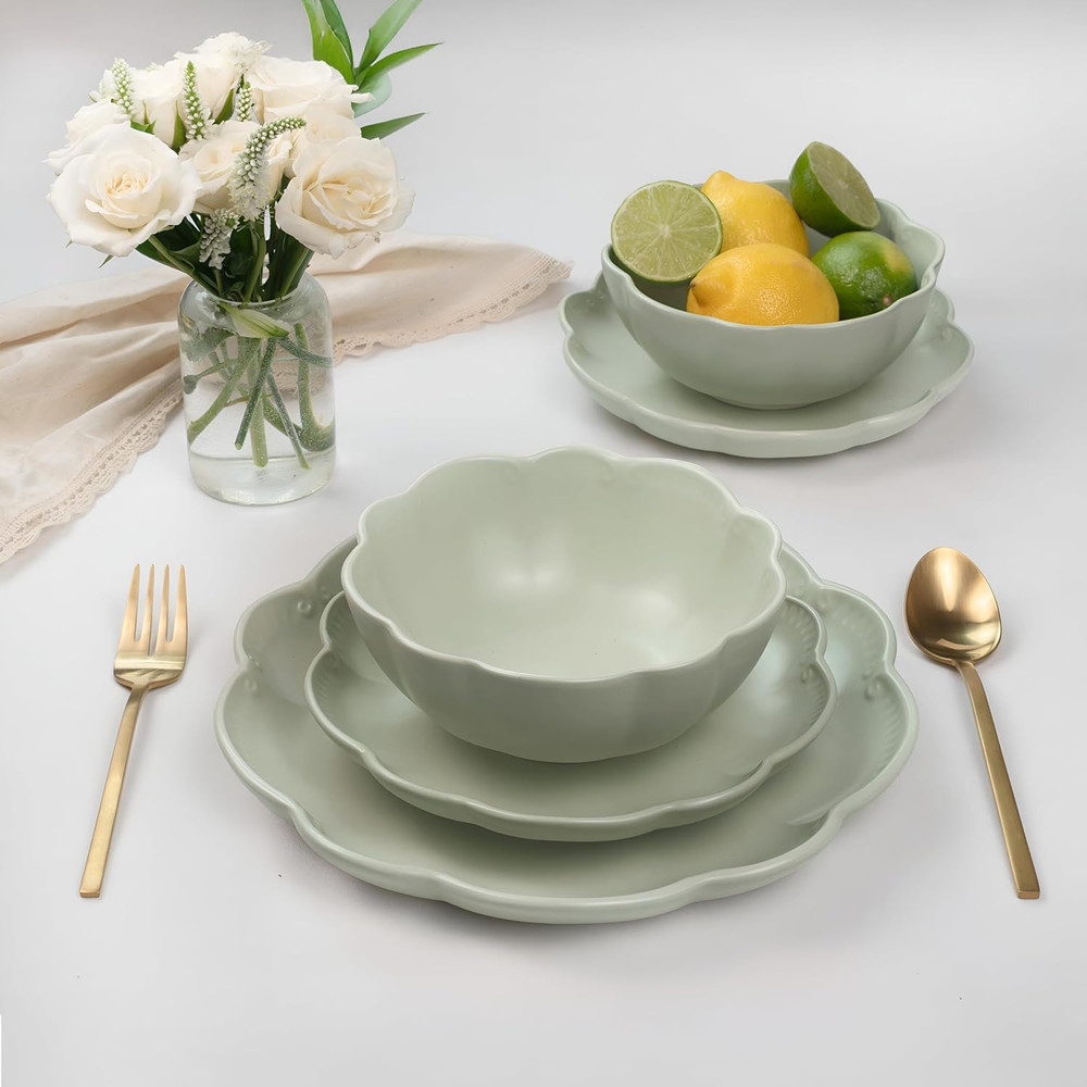 12-Piece Sage Green Dinnerware Set, Chip Resistant & Dishwasher Safe