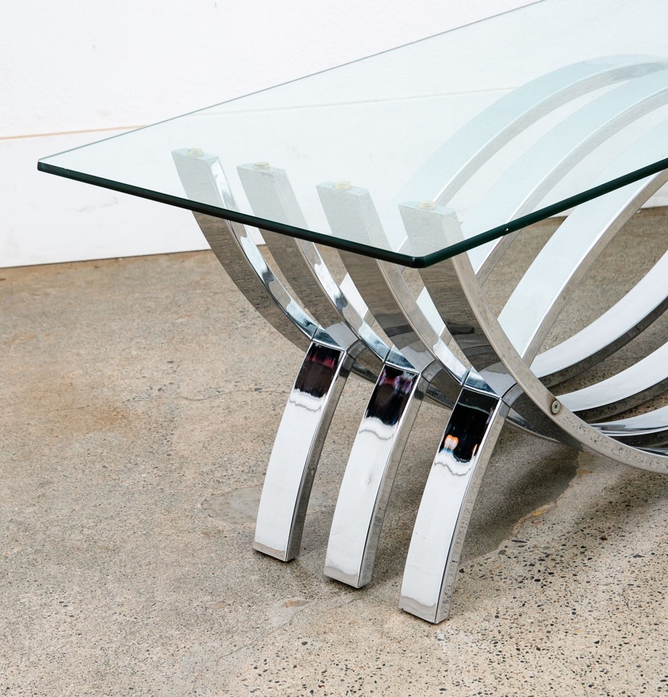 Mid Century Modern Coffee Table Chrome Glass Rectangular Vintage Sculptural Mcm