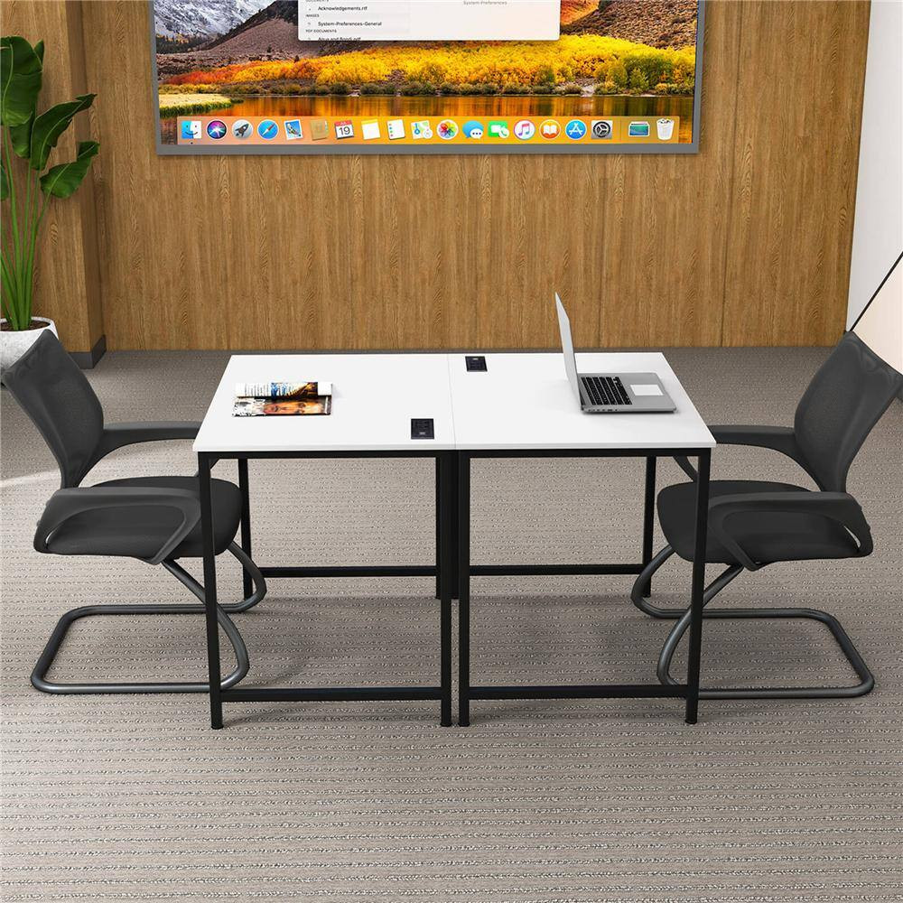 2-Pieces 32 In. Rectangular White Wood Desk with Charging Station Storage Bag an