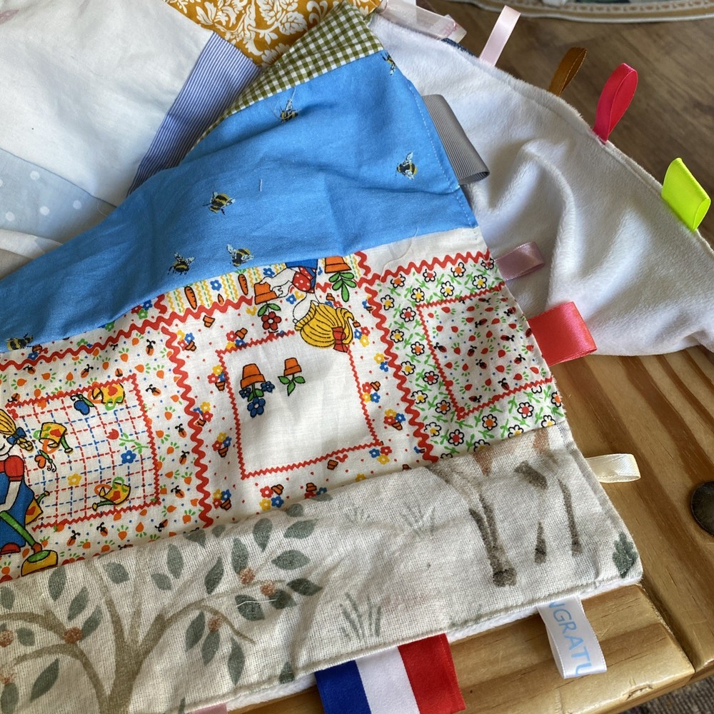 Large Handmade Blanket Taggie Blanket - Patchwork multicolour, soft white back