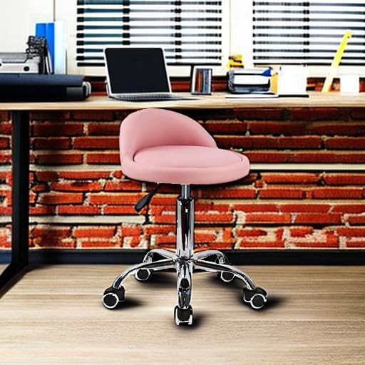 PU Leather Round Rolling Stool with Back Rest Height Adjustable Swivel Drafti...