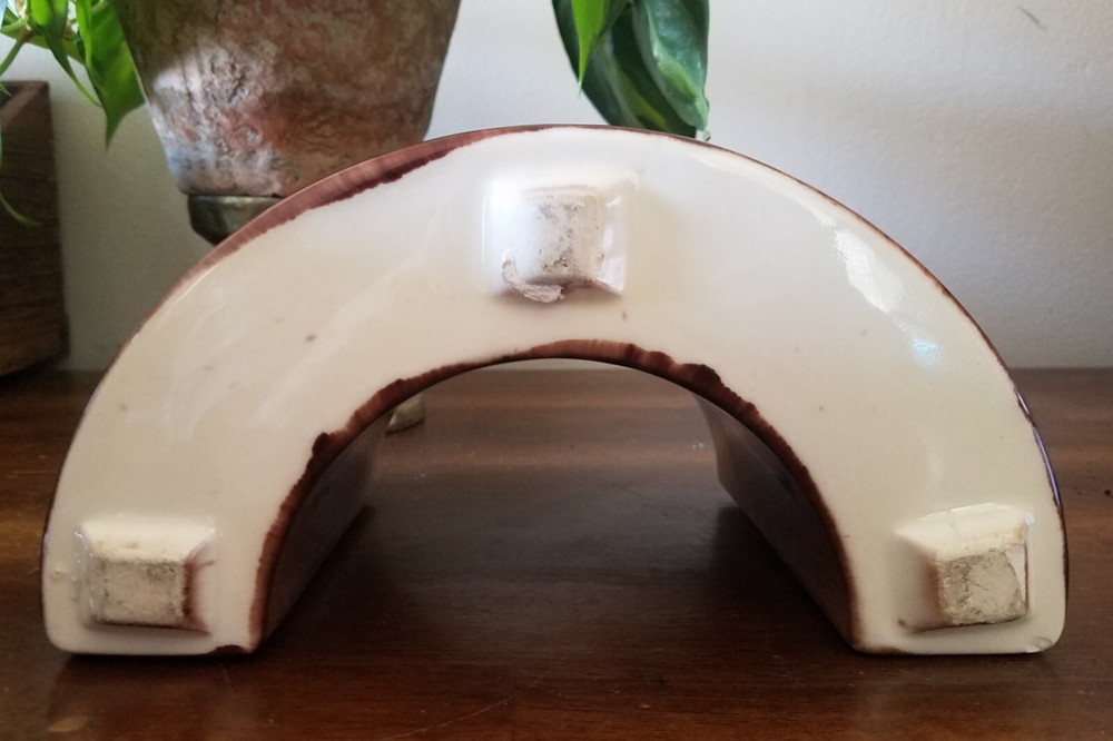 Mid Century Modern Two-Piece Brown & Yellow Ceramic Planter Half Rounds MCM