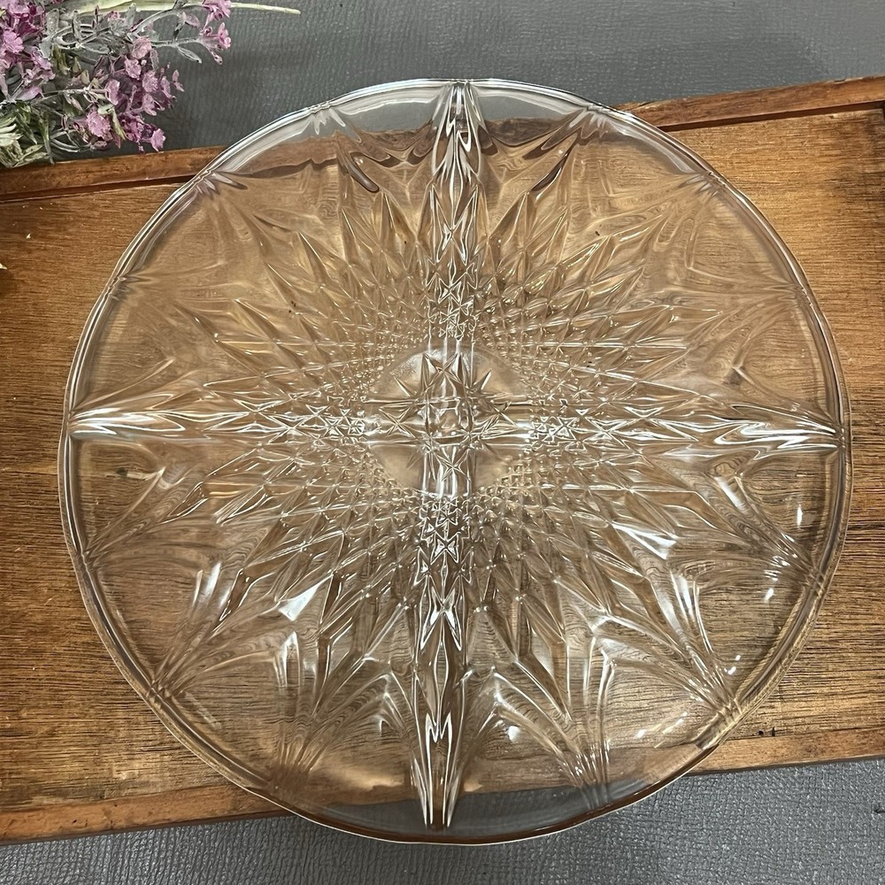 Cut Glass 4 Section Serving Platter Round With Starburst Pattern 9.5 Inches