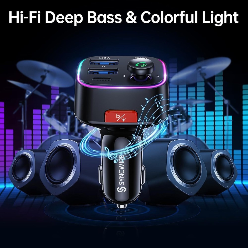 Bluetooth FM Transmitter with Light Switch, Fast Charging & Noise Cancellation