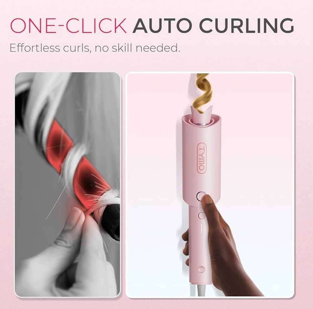 TYMO Automatic Rotating Curling Iron CURLPRO Beach Waves Curling Wand 1" Pink