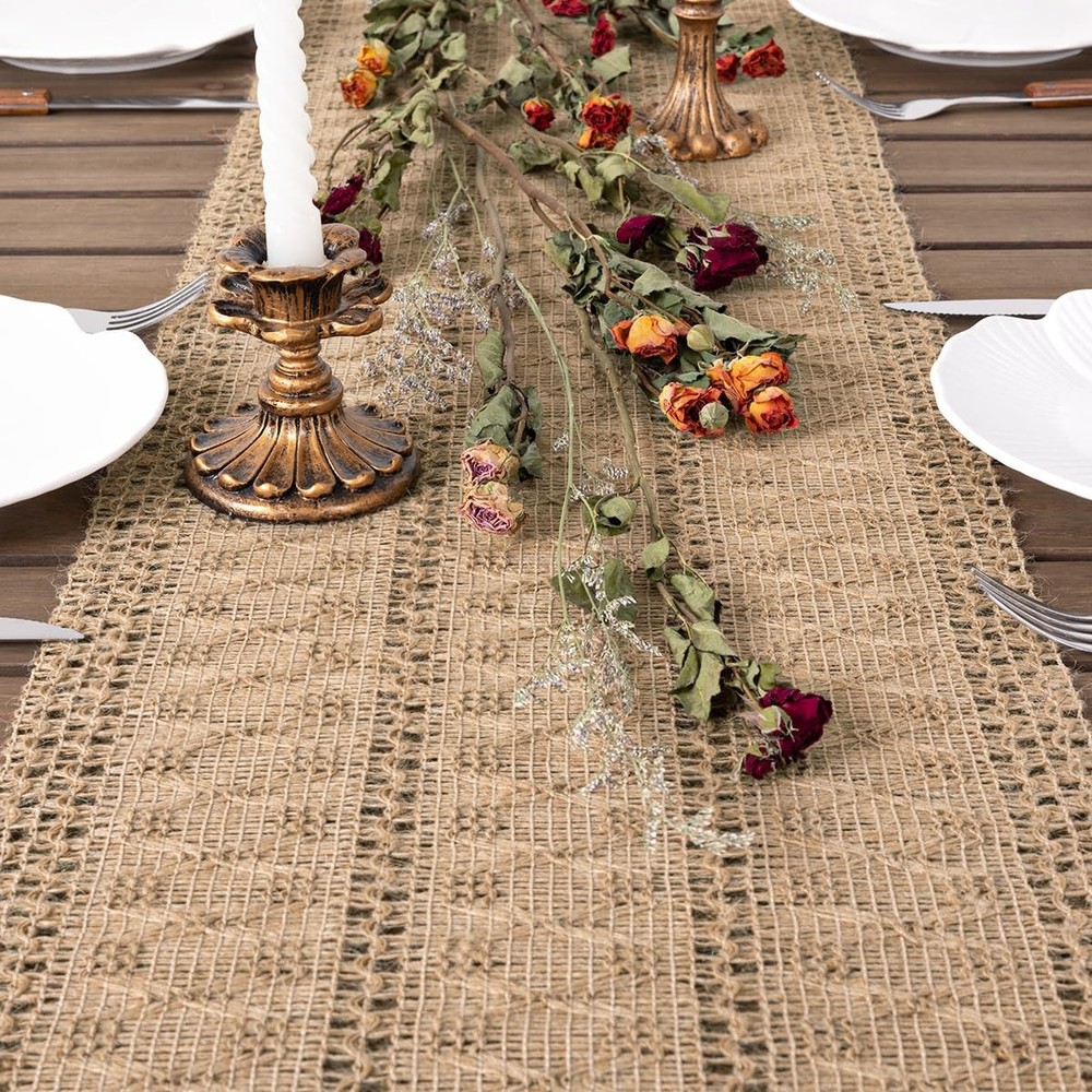Boho Table Runner Summer Farmhouse Burlap Jute Bamboo Rustic Dining Kitchen C...