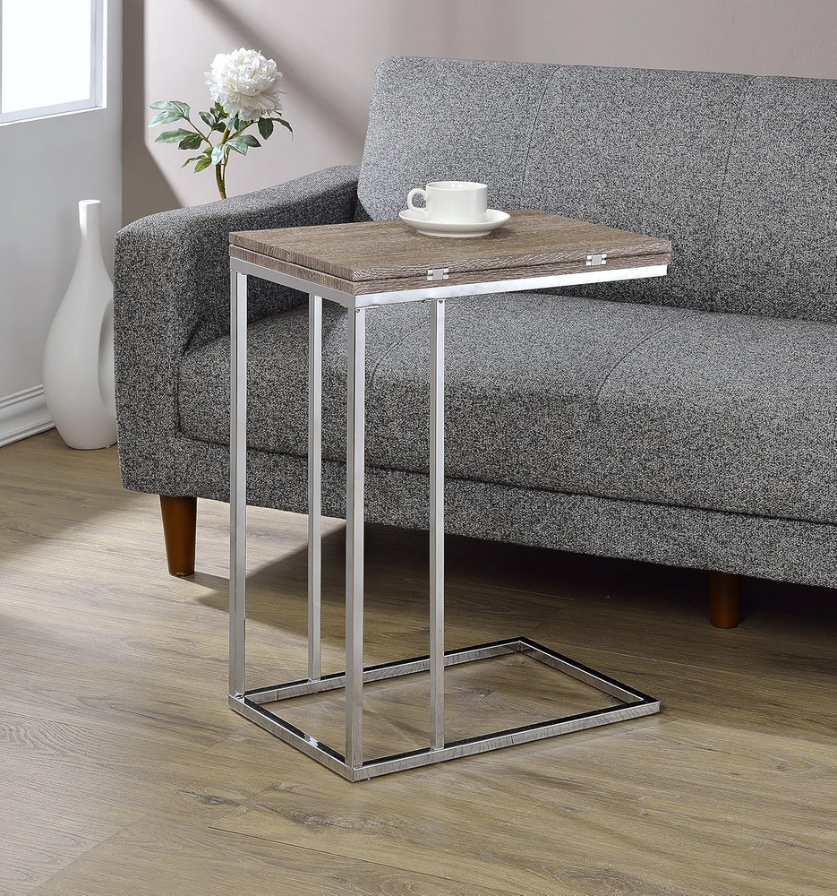 Denson Rectangular Swivel Wooden Top End Table in Gray Oak and Chrome